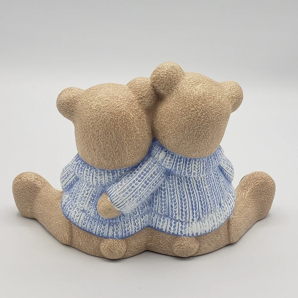 Hand painted Ceramic Holiday‎ Bears in Cozy Blue Sweaters with Wreath Handmade
